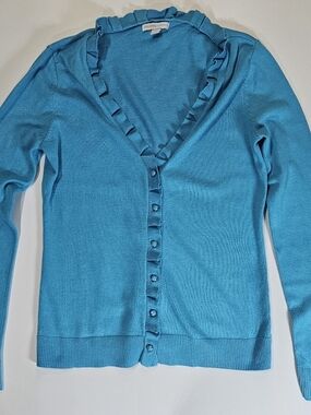 New York And Company Cardigan Womens Small Blue Button Down Ruffle Neck